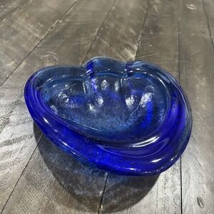 Blenko Amoeba Free Form Blue Glass Ashtray Trinket Dish MCM Turquoise